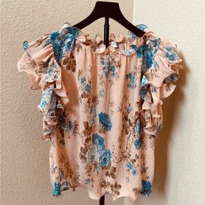 Petal & Pup Floral Ruffle Blouse - Pink/Peach and Blue
